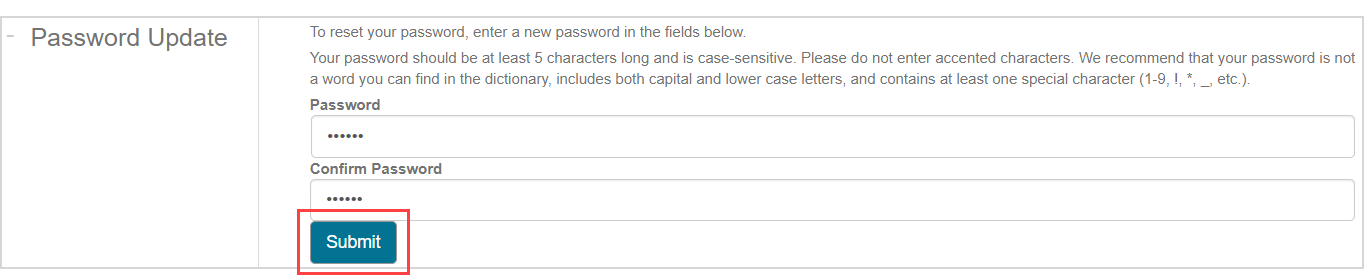 The "Submit" button is the first button after the Confirm Password field.